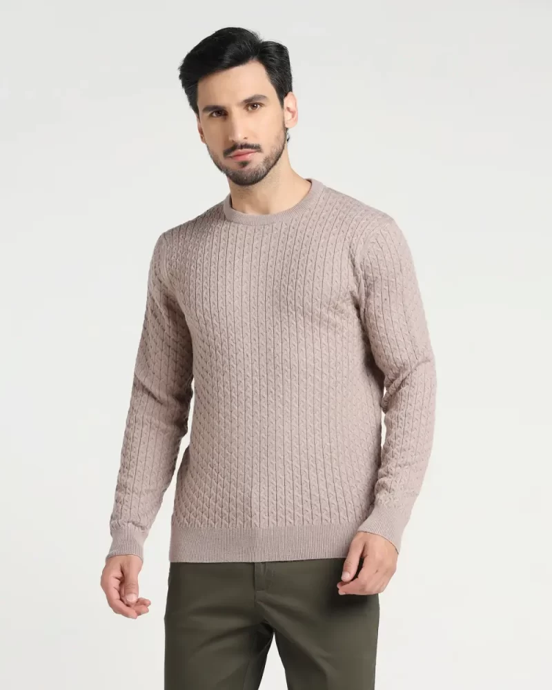 Crew Neck Beige Textured Sweater - Jiggle