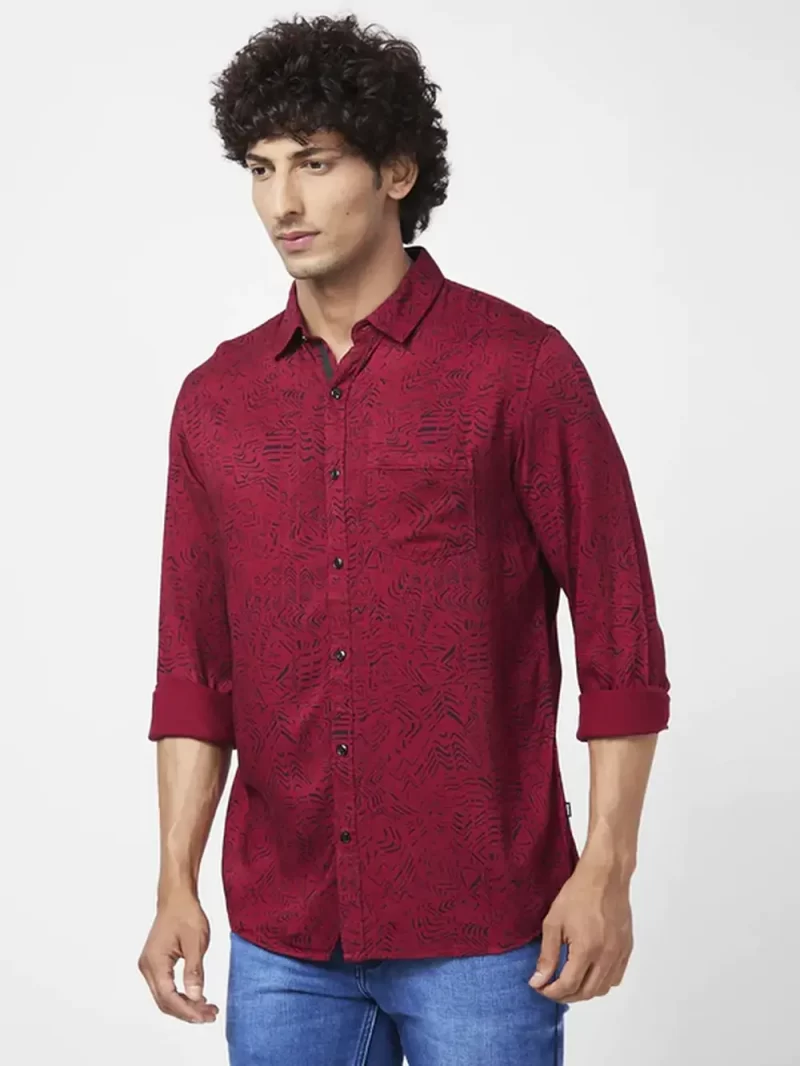 Spykar Men Deep Red Viscose Regular Slim Fit Full Sleeve Causal Printed Shirt