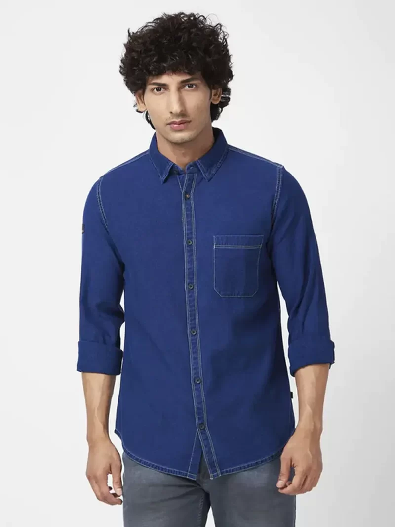 Spykar Men Dark Blue Cotton Regular Slim Fit Full Sleeve Casual Denim Shirt