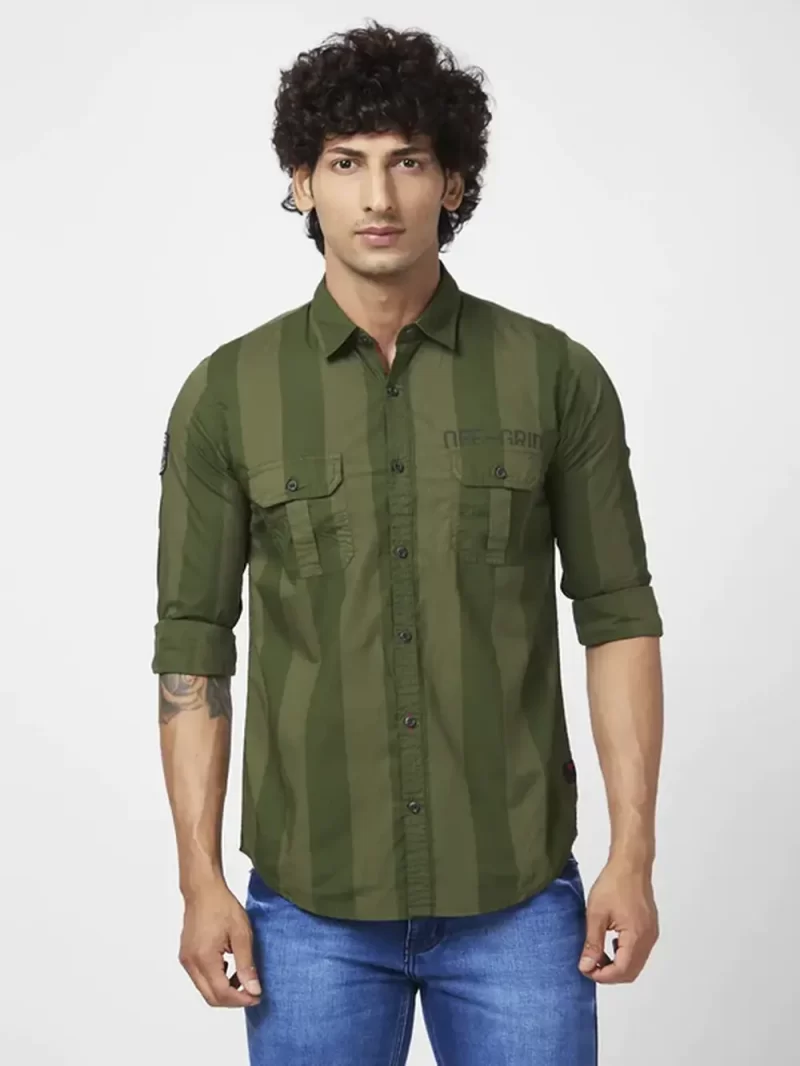 Spykar Men Olive Green Cotton Regular Slim Fit Full Sleeve Casual Striped Shirt