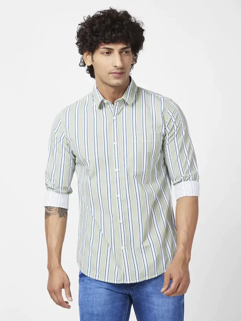 Spykar Men Dusty Green Cotton Regular Slim Fit Full Sleeve Casual Striped Shirt