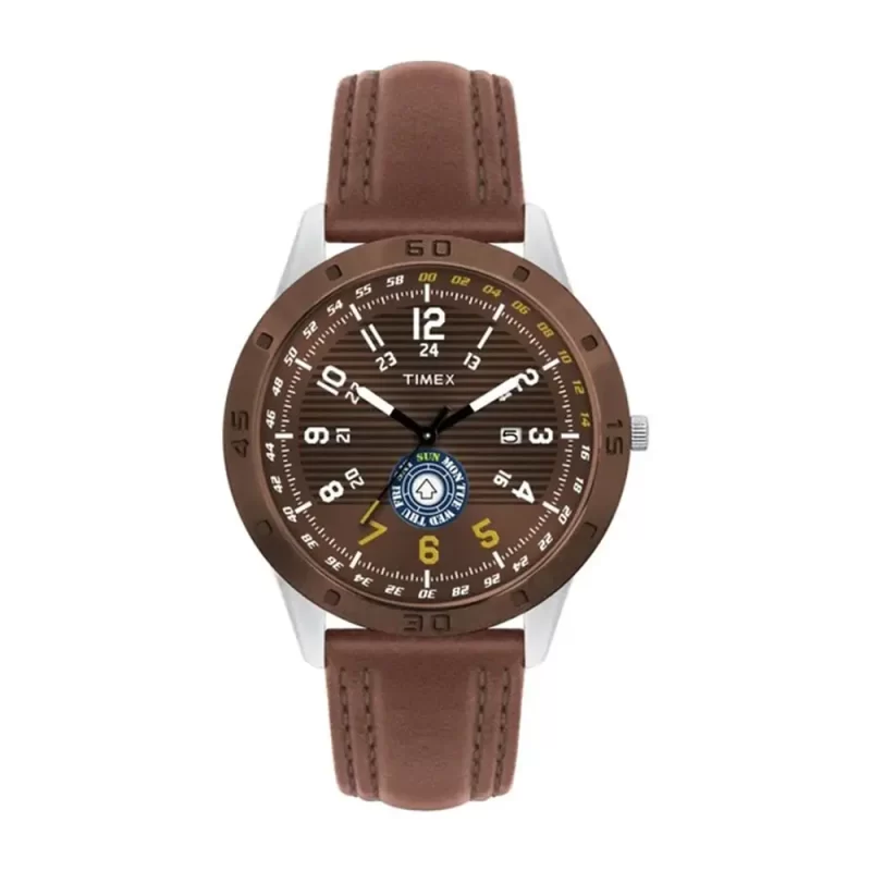 Timex Fashion Men'S Quartz Analog Brown Dial Round Case Day Date Function Watch -Ti000U90300