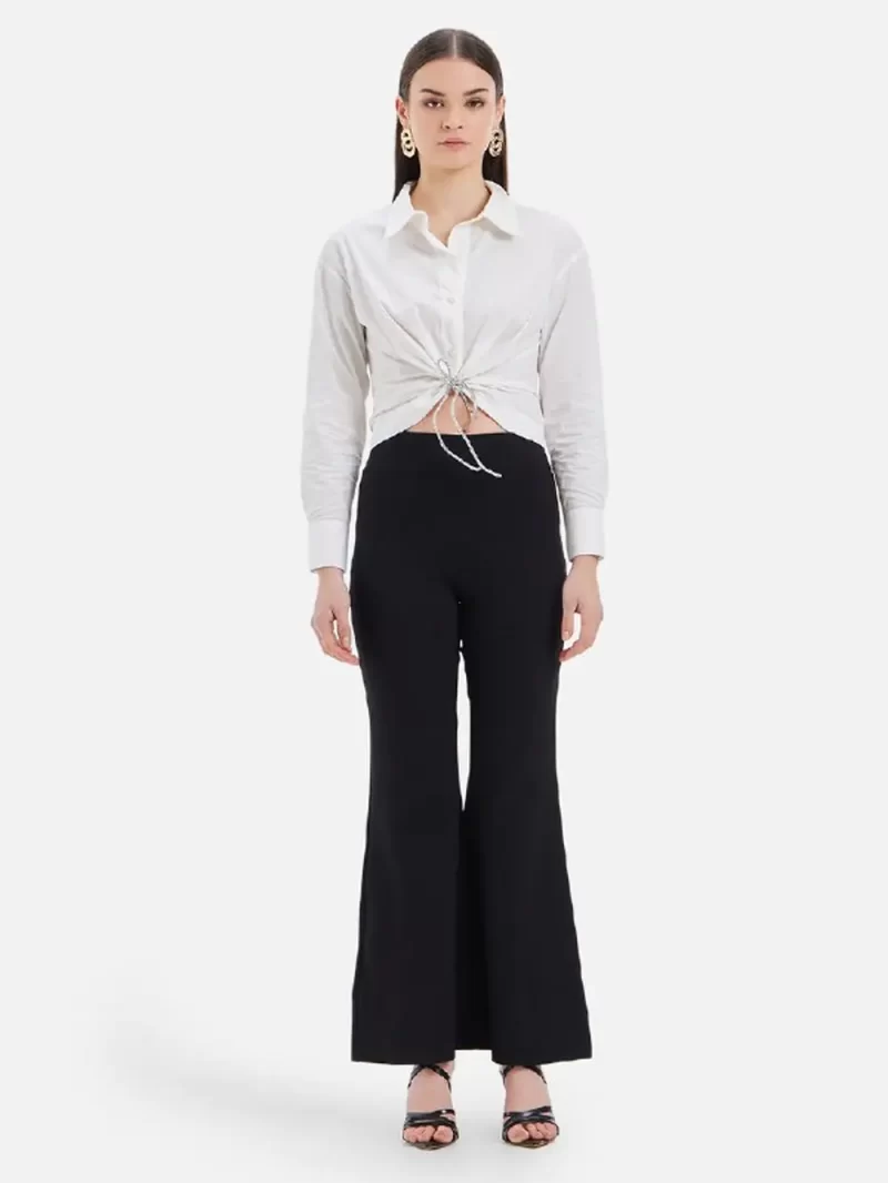 Cropped Shirt With A Bedazzeled Tie Knot At Waist.