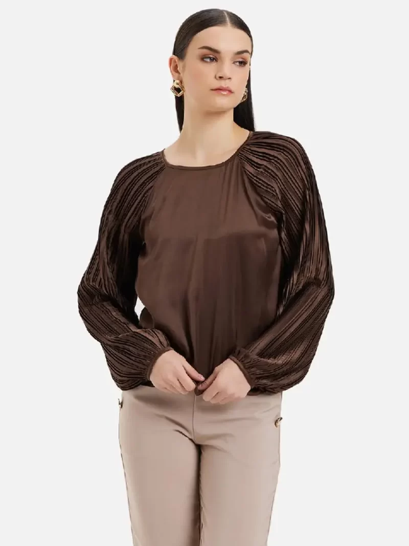 Quinn Satin Top With Pleated Sleeves