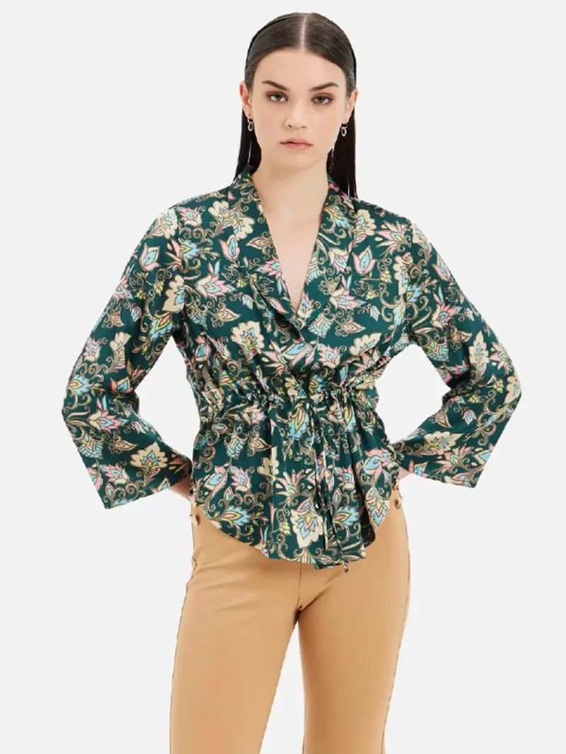 Printed Notch Collar Shirt With Drawstring