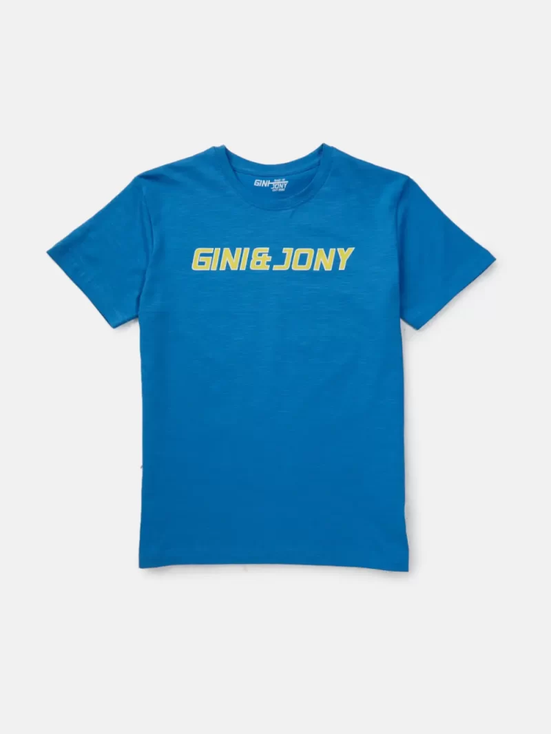 Gini & Jony Boys' Blue T-Shirt Knitshand-Wash Regular Fit