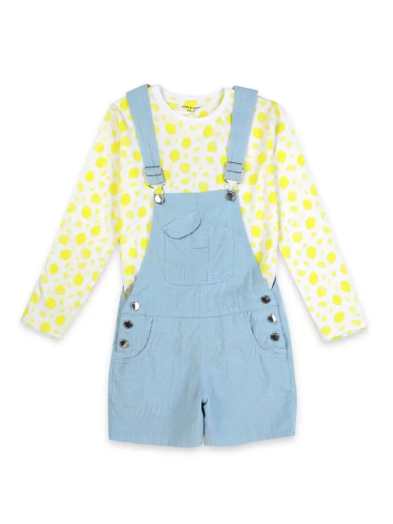 Gini & Jony Girls Blue Printed Denim Half Sleeves Dungree