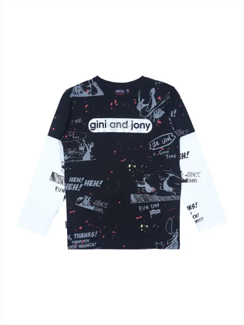 Gini And Jony Boys Black Graphic Print Cotton T-Shirt Full Sleeves 3-4Y