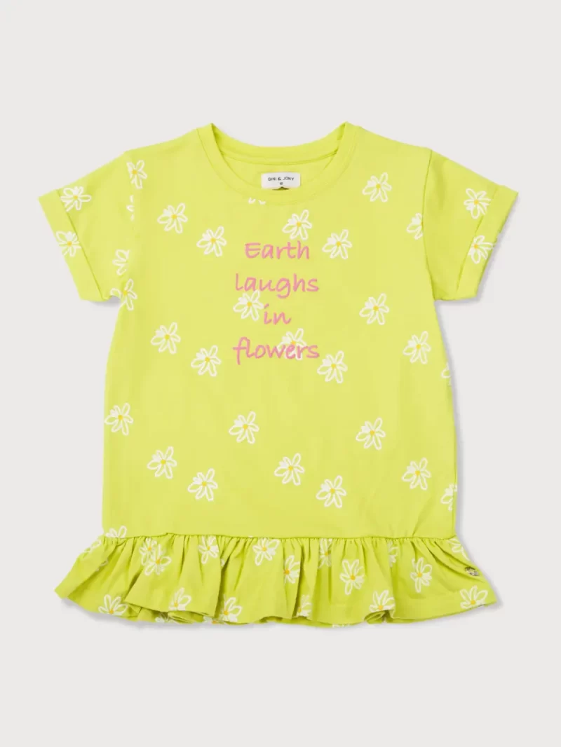 Gini And Jony Girls Lime Floral Print Cotton Knits Top Half Sleeves 3-4Y