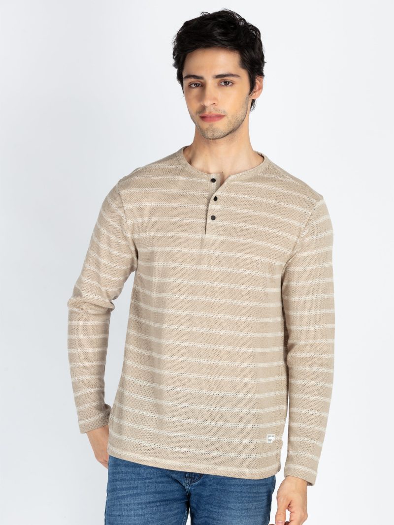 Mens Striped Henley Neck Full Sleeve T-Shirt