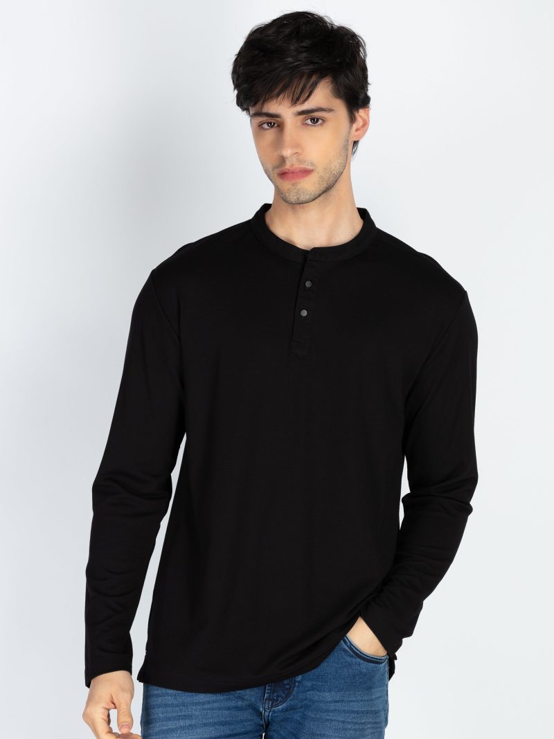 Mens Solid Henley Neck Full Sleeve T-Shirt