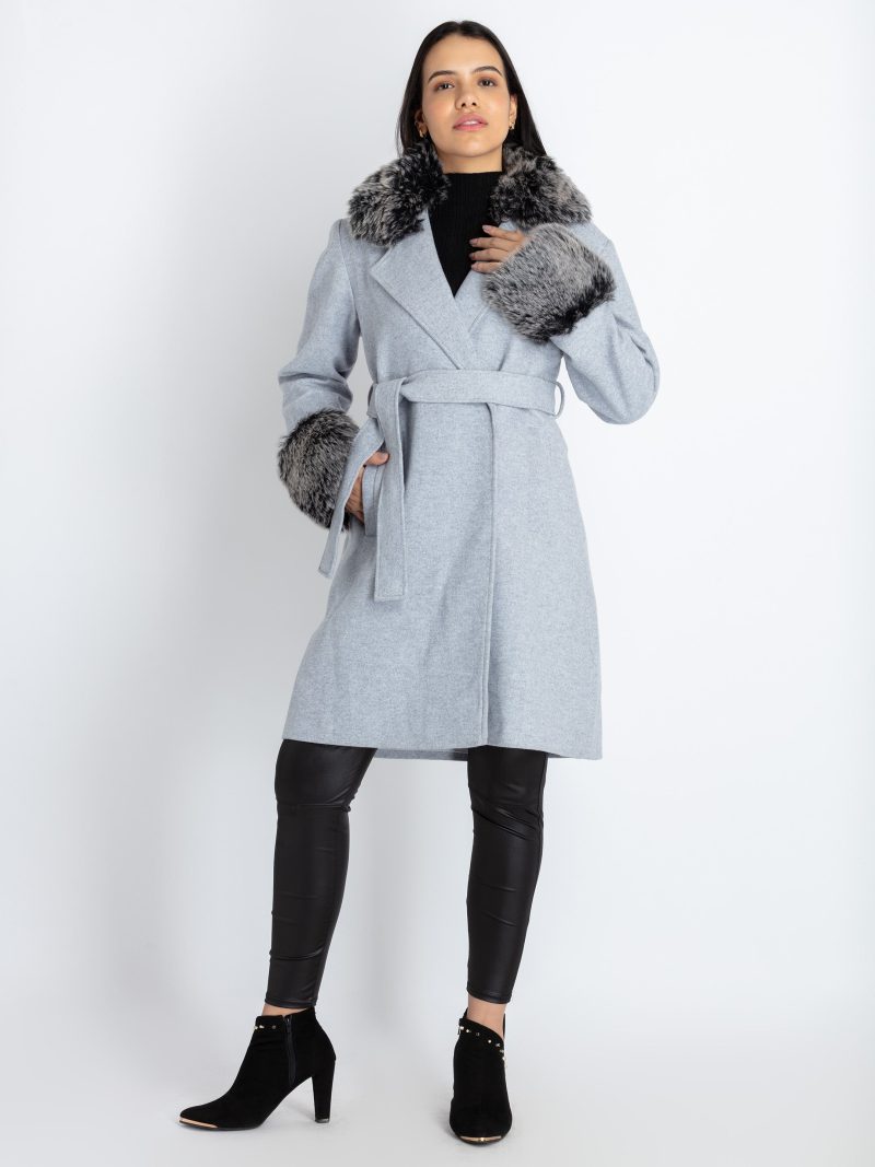 Womens Solid Long Coat With Detachable Fur Collar