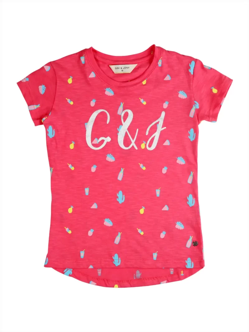 Gini And Jony Girls Pink Conversational Print Cotton Knits Top Half Sleeves 9-12M