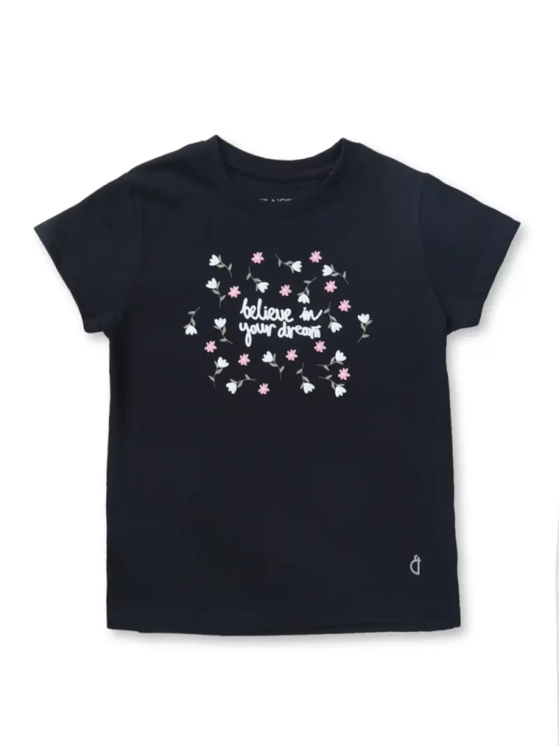 Gini And Jony Girls Navy Blue Floral Print Cotton Knits Top Half Sleeves 3-4 Years