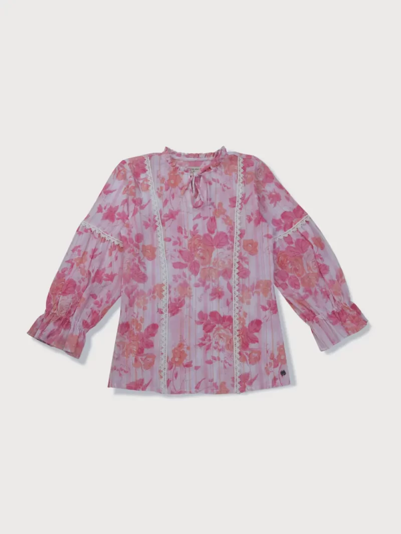 Gini And Jony Girls Pink Floral Print Chiffon Woven Top Full Sleeves 9-12M