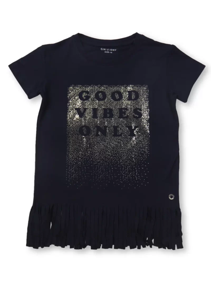 Gini And Jony Girls Navy Embellished Cotton Knits Top Half Sleeves 3-4Y