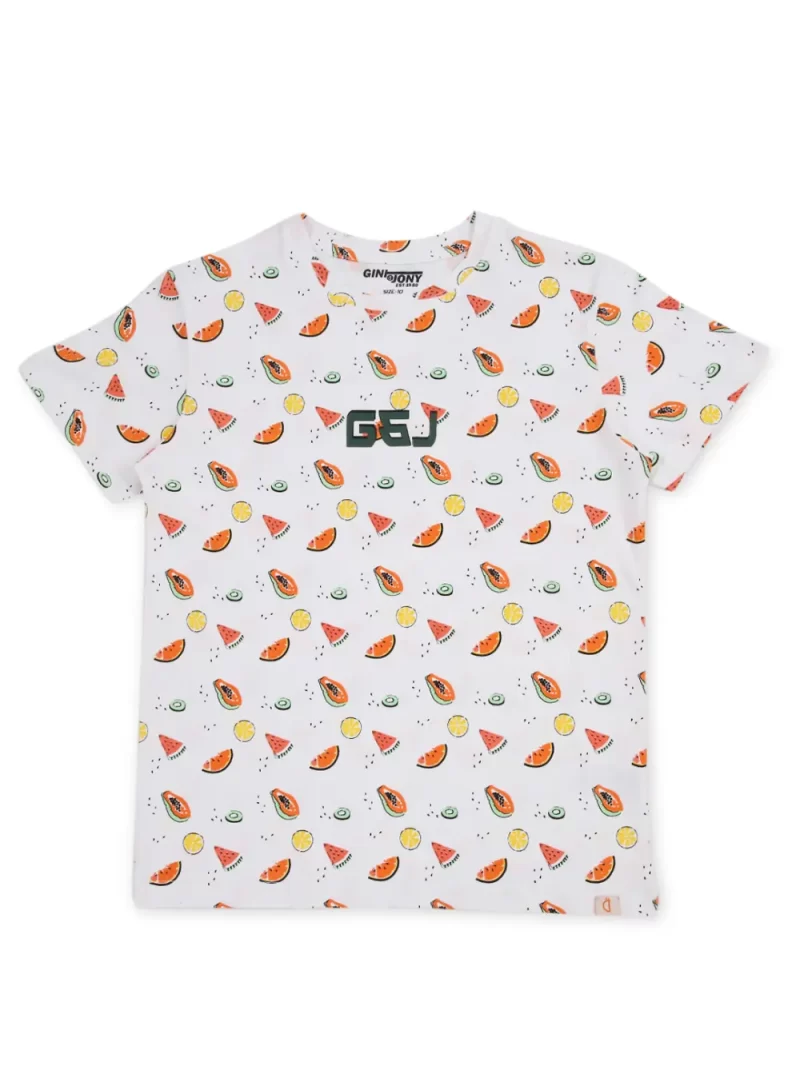 Gini And Jony Boys White All Over Print T-Shirt Half Sleeves 9-12M