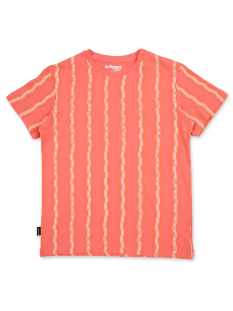 Gini And Jony Boys Peach Stripes Cotton T-Shirt Half Sleeves 9-12 Months