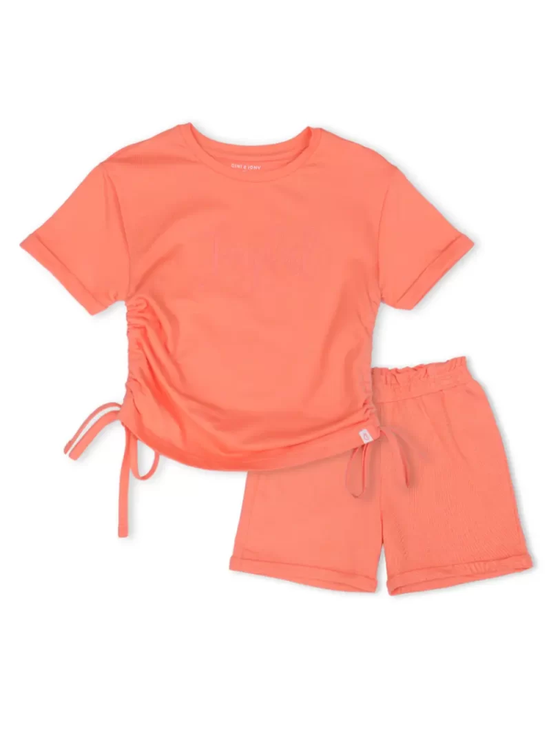 Gini And Jony Girls Peach Solid Cotton Co-Ordinate Half Sleeves 3-4Y