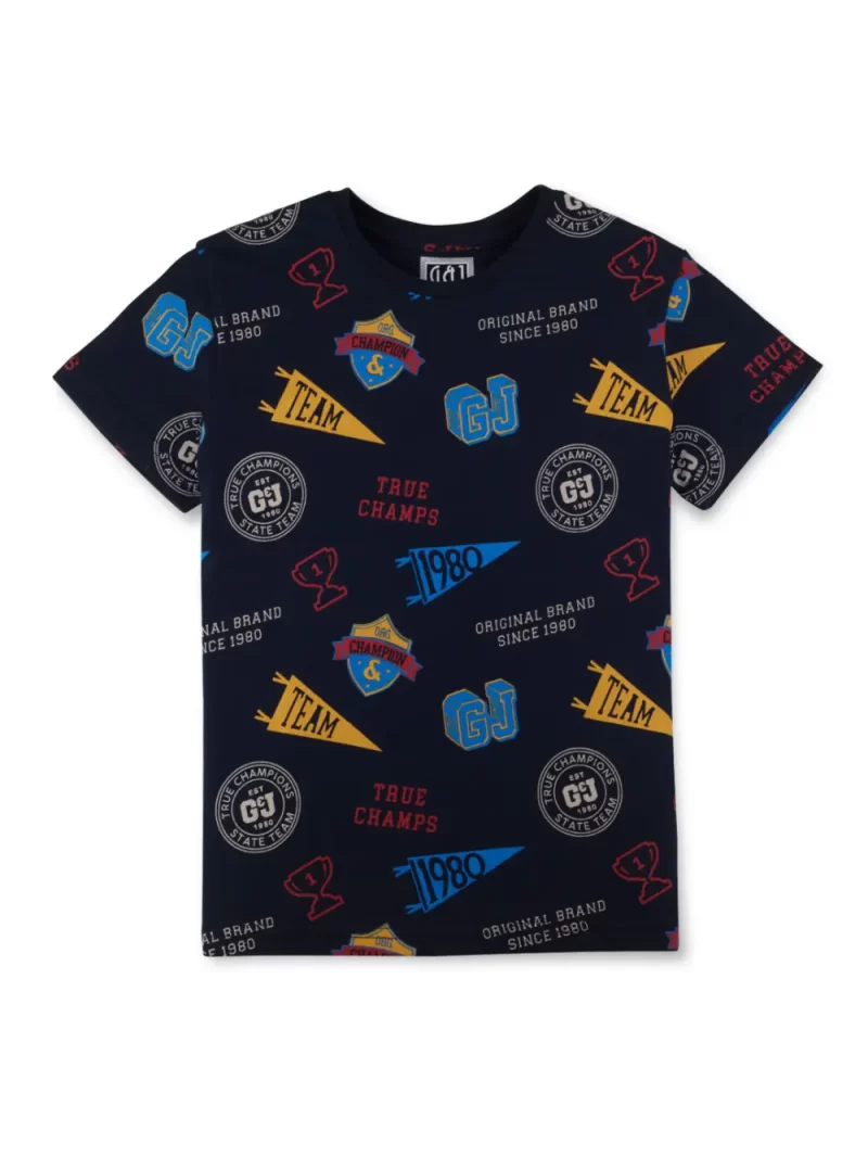 Gini And Jony Boys Navy Conversational T-Shirt Half Sleeves 9-12M