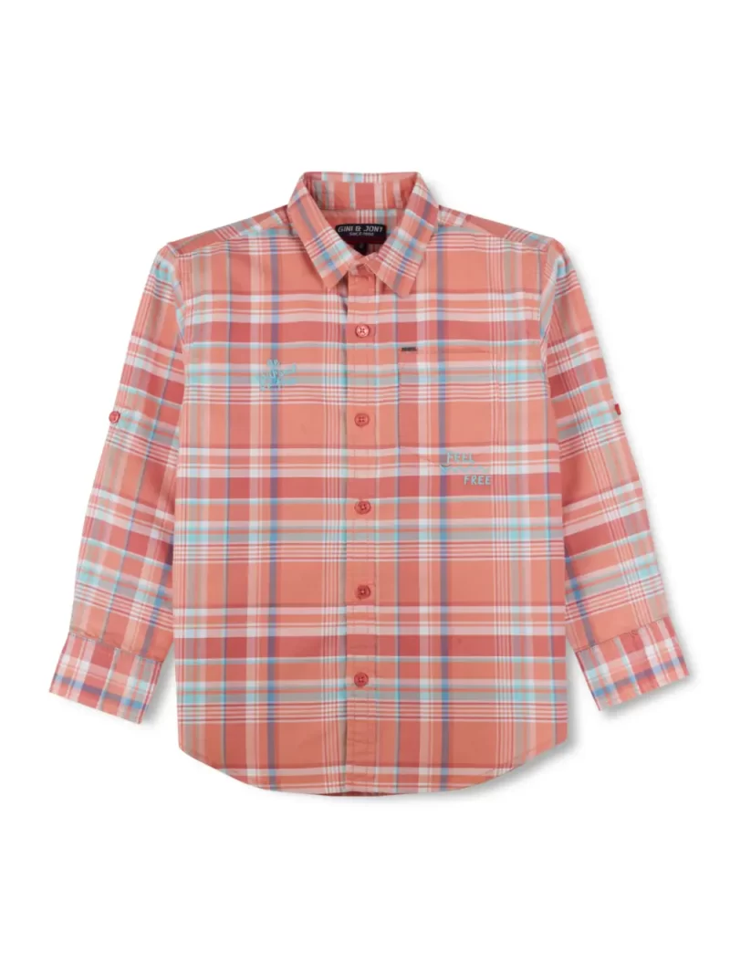 Gini And Jony Boys Coral Checks Shirt Full Sleeves 9-12M