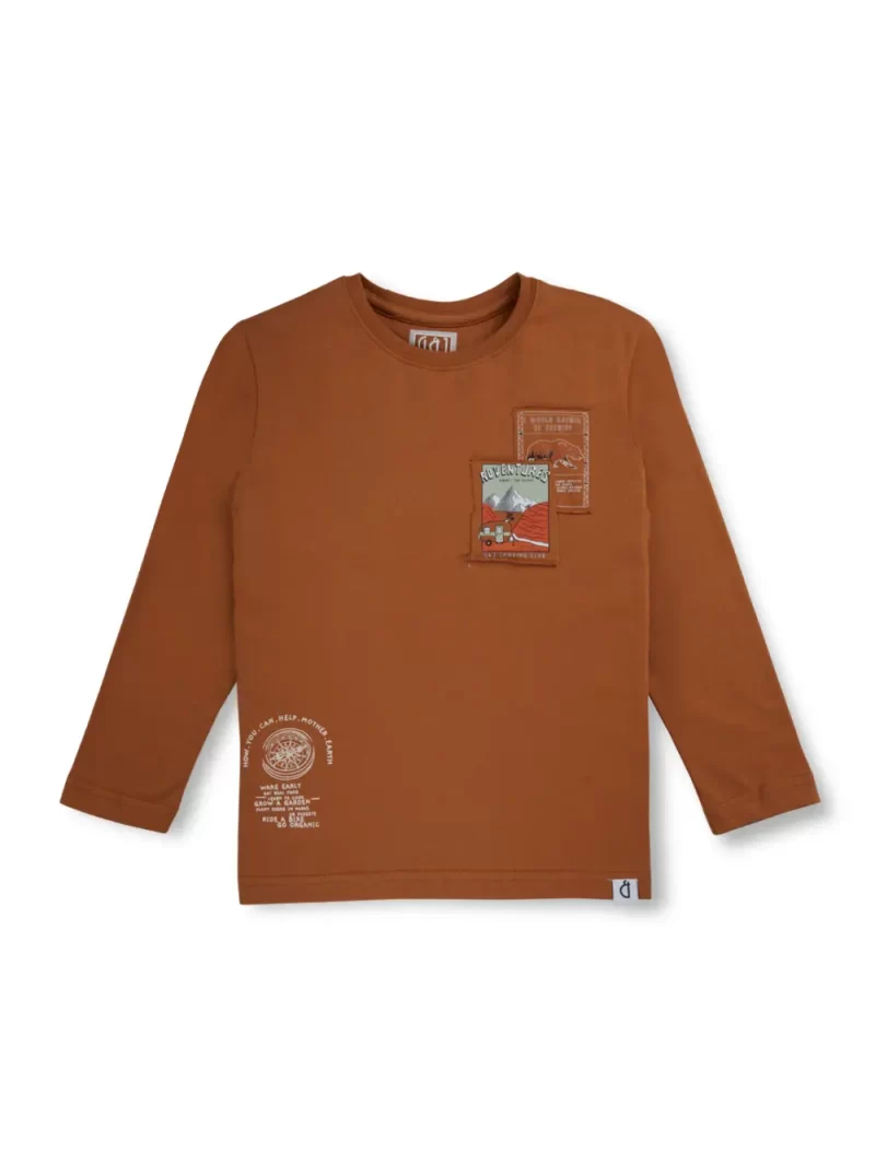 Gini And Jony Boys Brown Applique Cotton T-Shirt Full Sleeves 9-12 Months