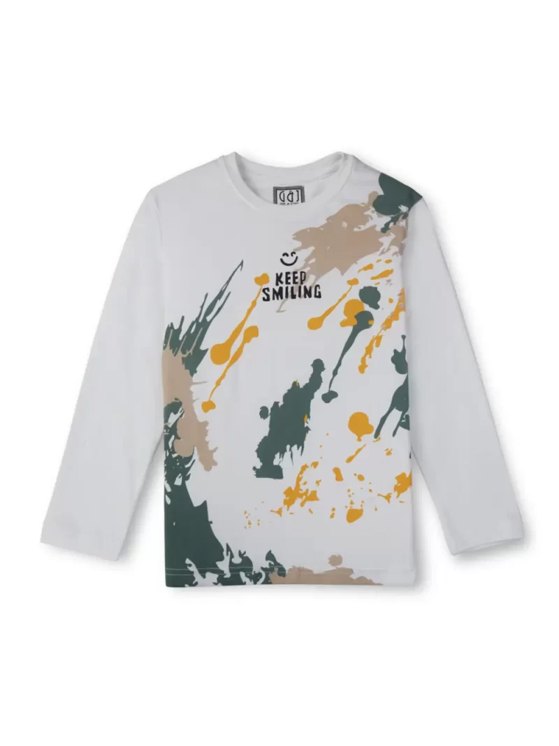 Gini And Jony Boys White Splatter Print Cotton T-Shirt Full Sleeves 9-12 Months