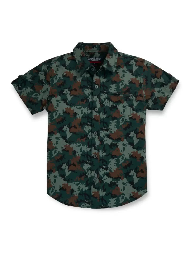 Gini And Jony Boys Green Camouflage Cotton Shirt Half Sleeves 13-14 Years