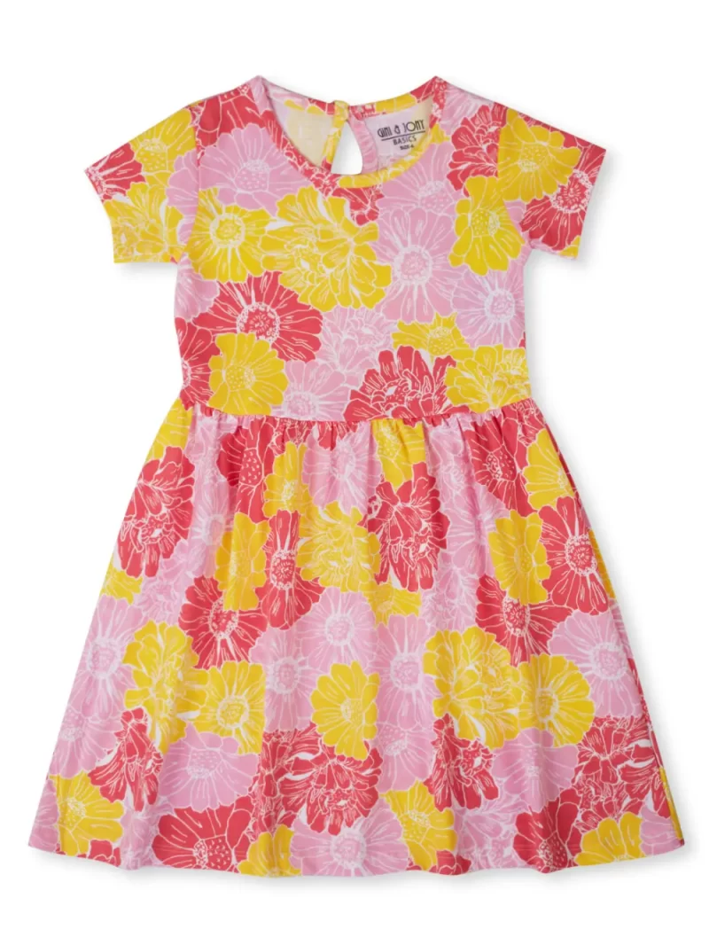 Gini And Jony Girls Pink Floral Print Cotton Dress Half Sleeves 3-4Y