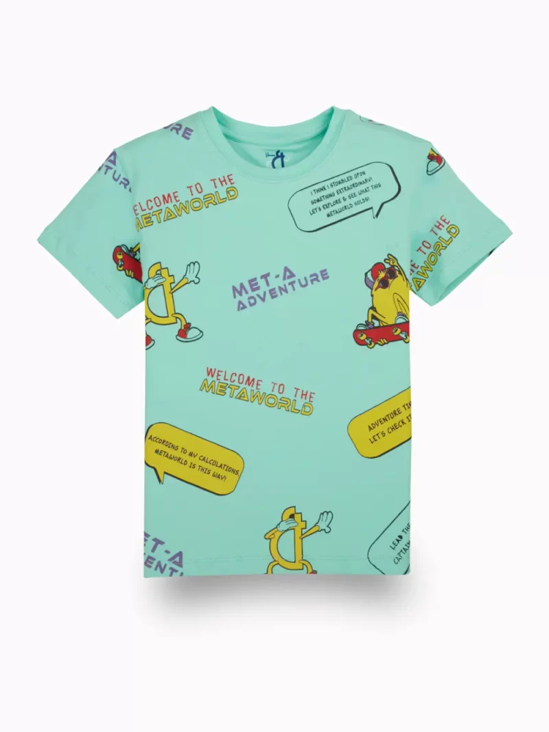 Gini And Jony Boys Turquoise Conversational Print Cotton T-Shirt Half Sleeves 3-4 Years