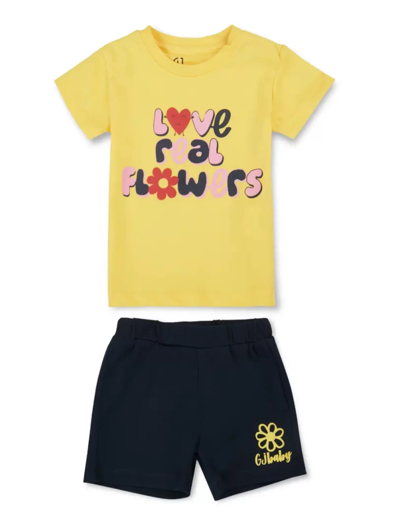 Gj Baby Girls Yellow Typographic Print Cotton Baby Set Half Sleaves 12-18 Months