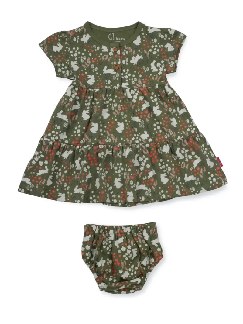 Gj Baby Girls Olive Conversational Print Cotton Dress Half Sleeves 0-3M