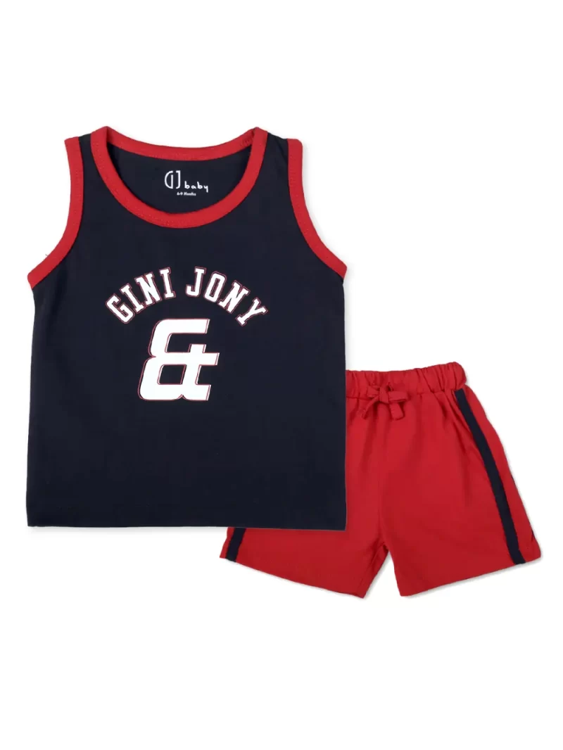 Gj Baby Boys Navy Blue Typography Cordinate Sleeveless 0-3M