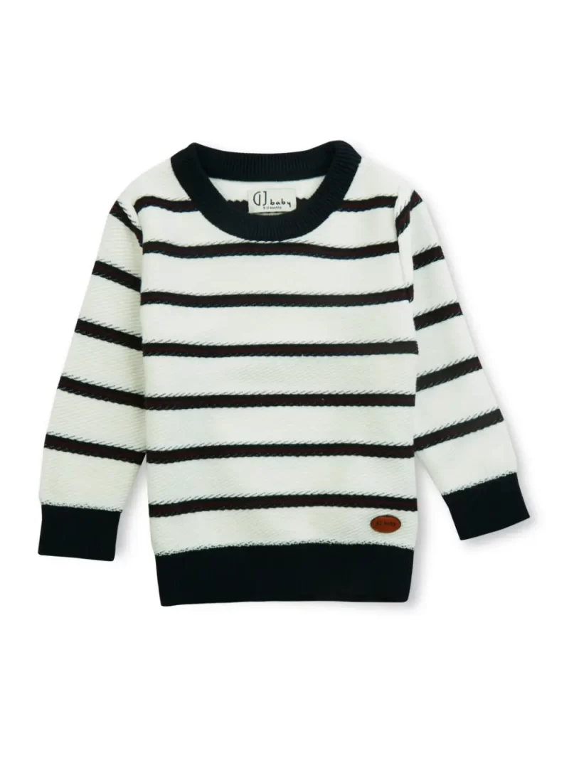 Gj Baby Girls White Stripes Acrylic Sweater Full Sleeves 0-3 Months