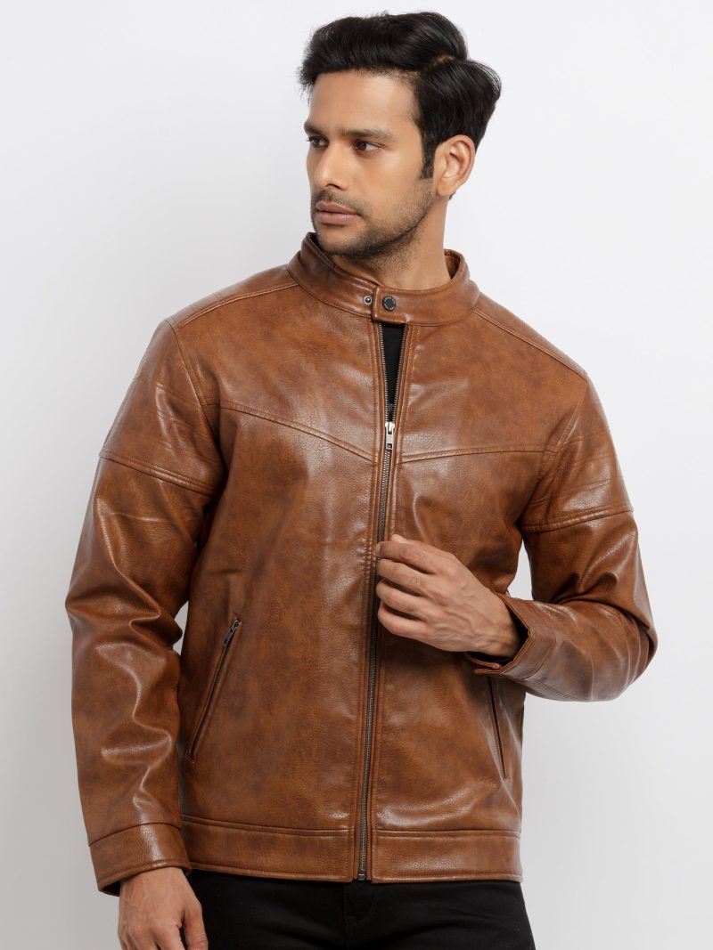 Mens Solid Pu High Neck Jacket