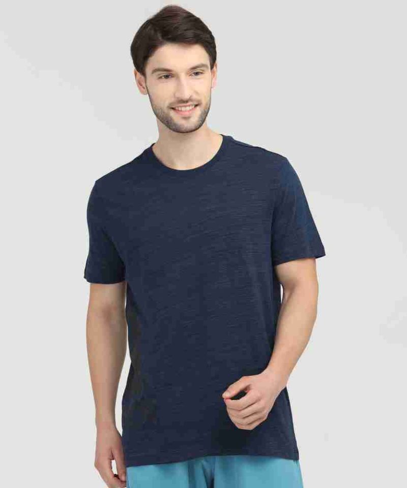 Reebok 
Men Solid Round Neck Polycotton Dark Blue T-Shirt