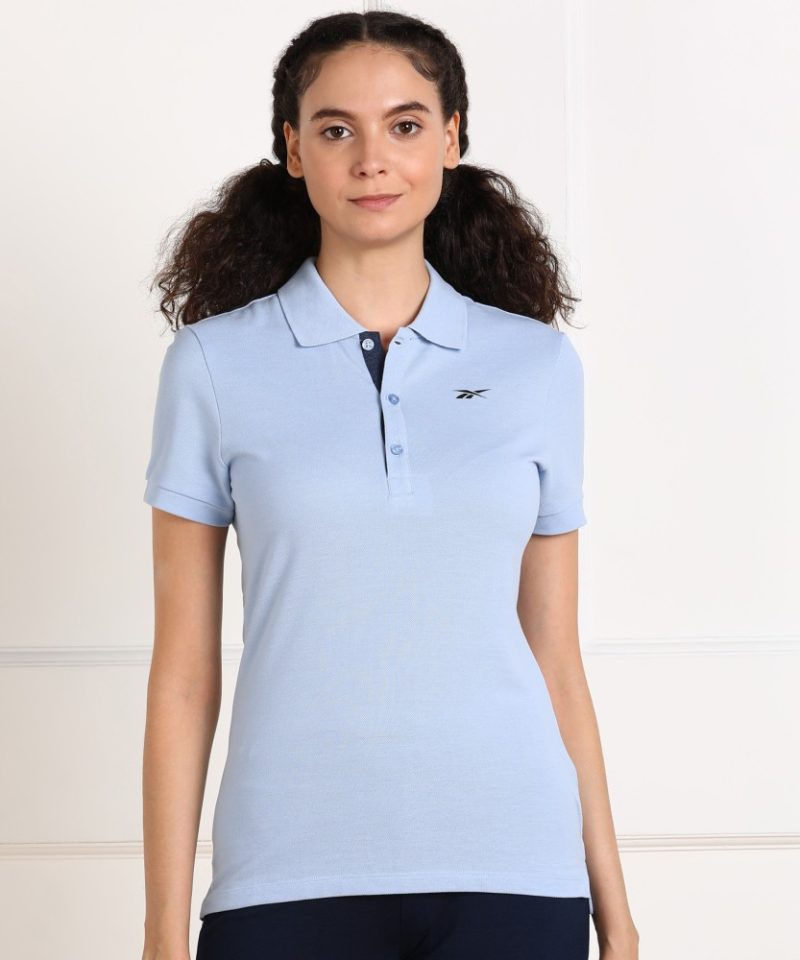 Reebok 
Women Solid Polo Neck Cotton Blend Blue T-Shirt