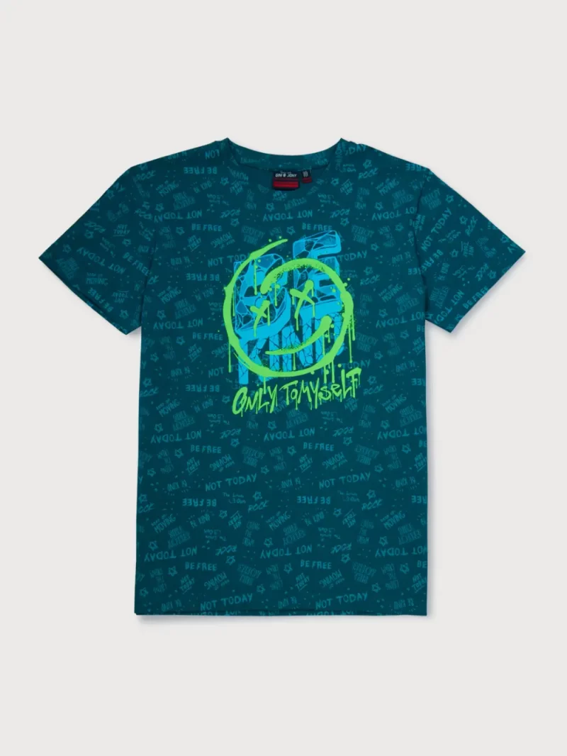 Gini And Jony Boys Teal Typographic Print Cotton T-Shirt Half Sleeves 9-12M