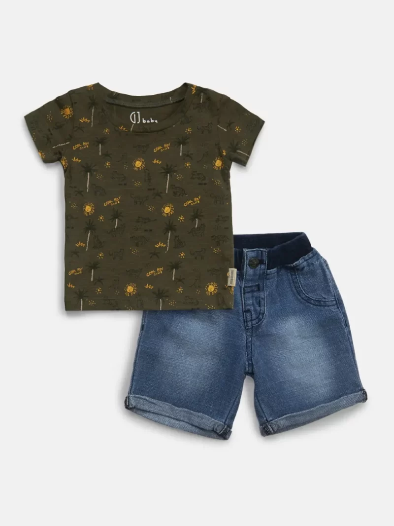 Gj Baby Boys Olive Printed Denim Co-Ordinate 2 Piece 0-3M