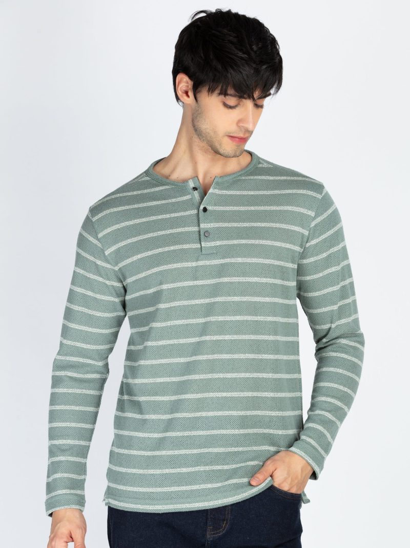 Mens Striped Henley Neck Full Sleeve T-Shirt