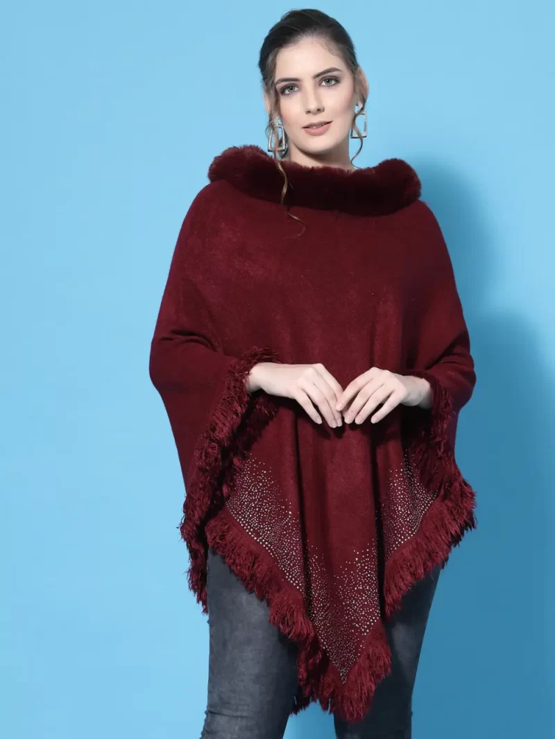 Navy Blue Poncho With Fur Neck & Shimmer Dot Design