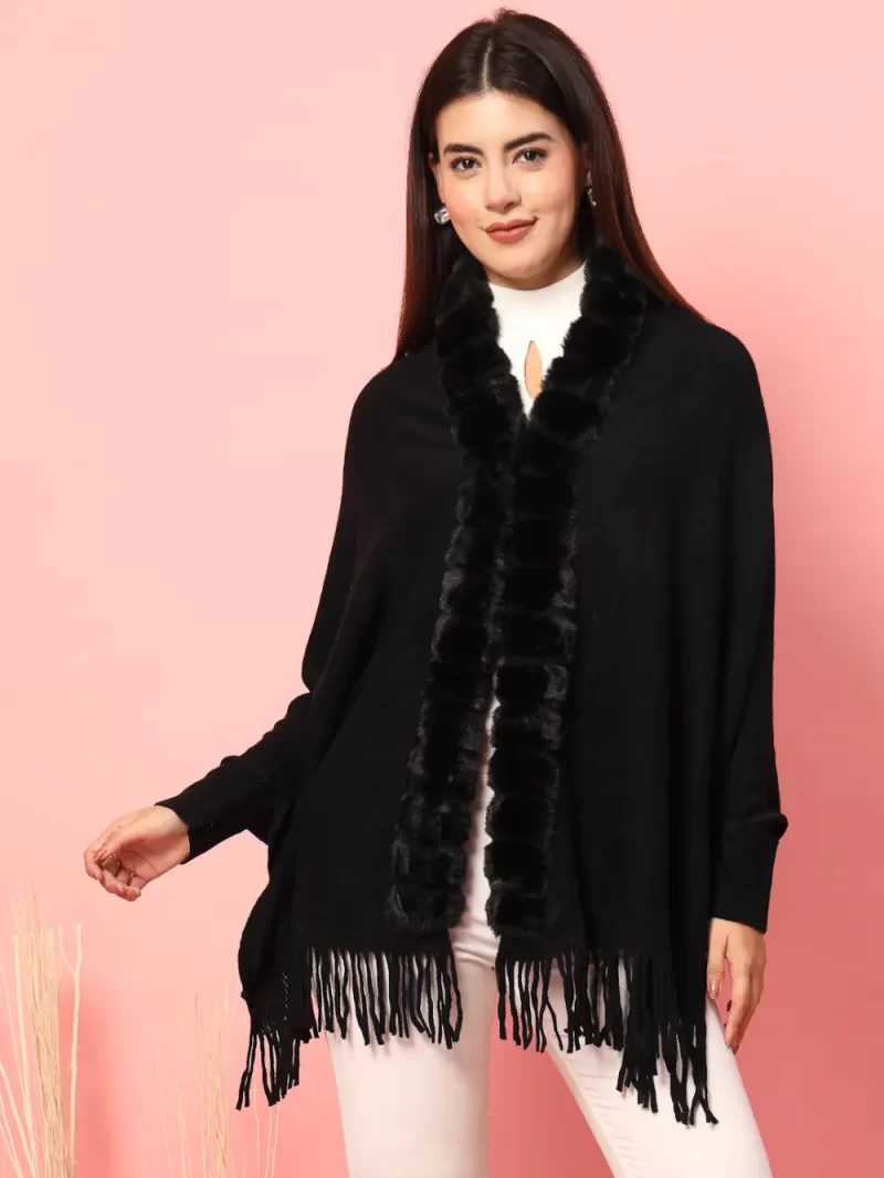 Women Navy Blue Long Sleeve Poncho
