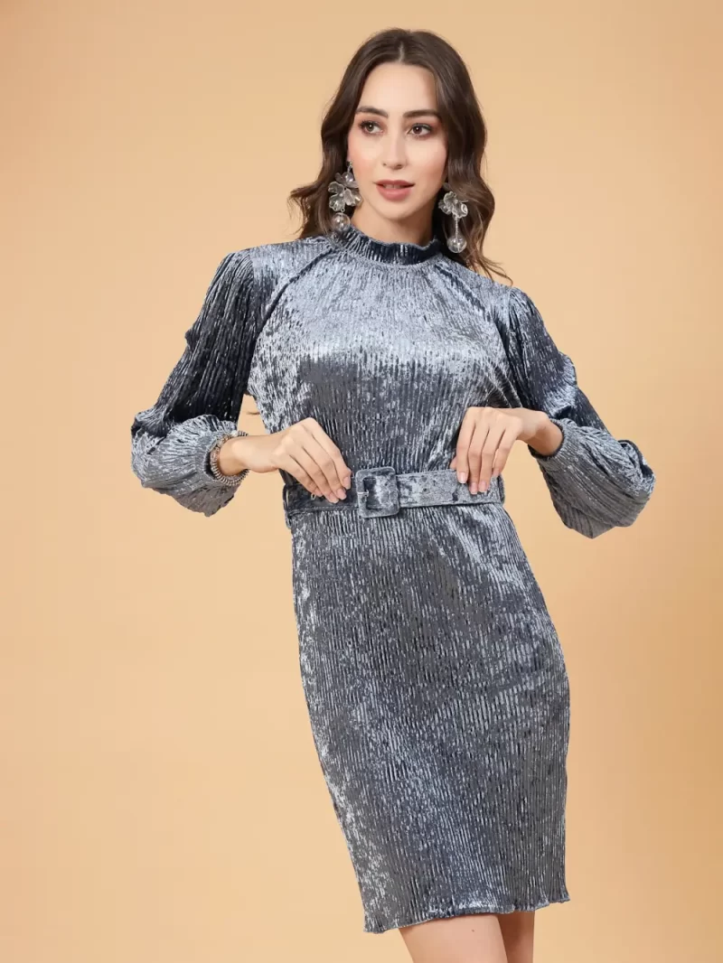 Blue Velvet Dress With Belt