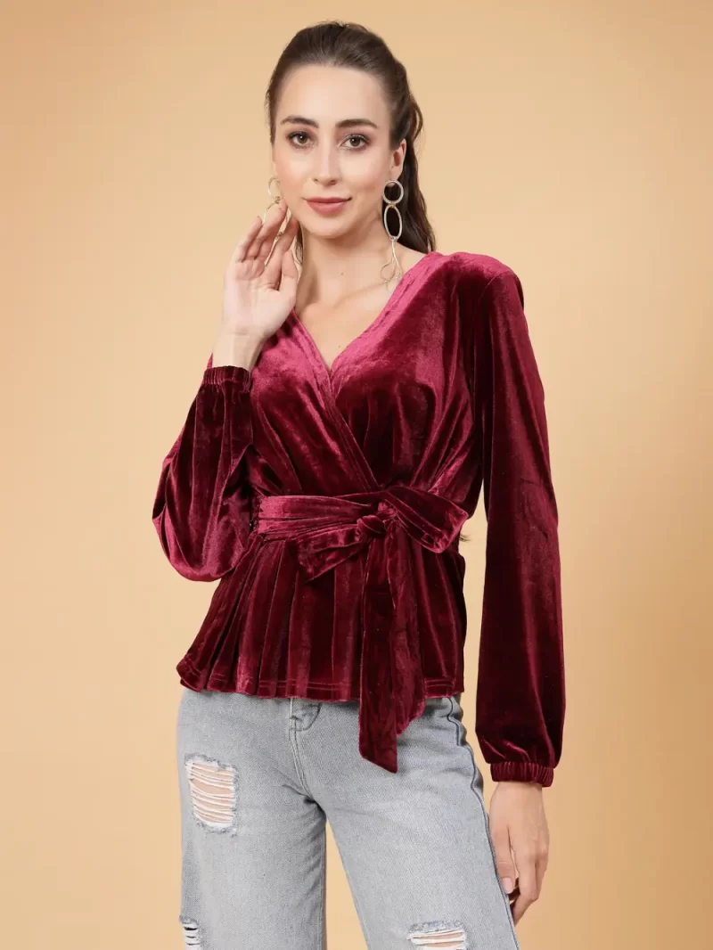 V-Neck Long Sleeves Waist Tie-Ups Regular Top