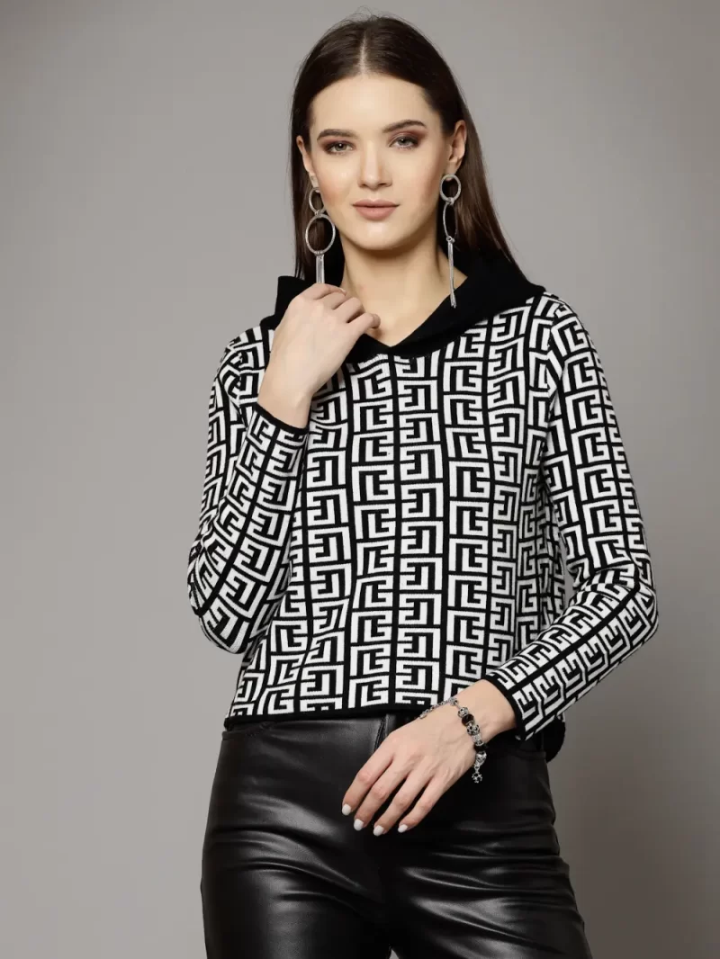 Geometric Self Design Hooded Pullover