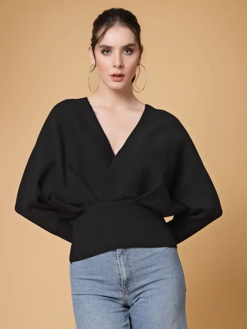 Ribbed V-Neck Crop Pullover