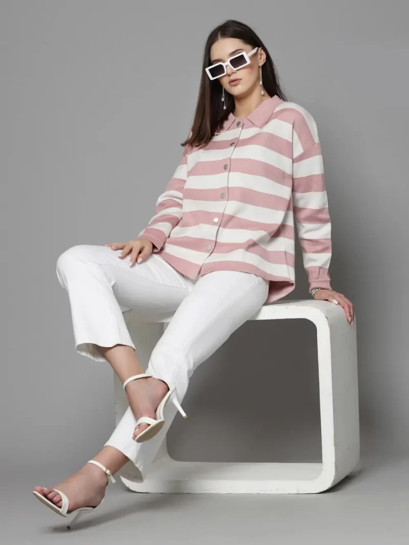 Striped Shirt Collar Cardigan Sweater