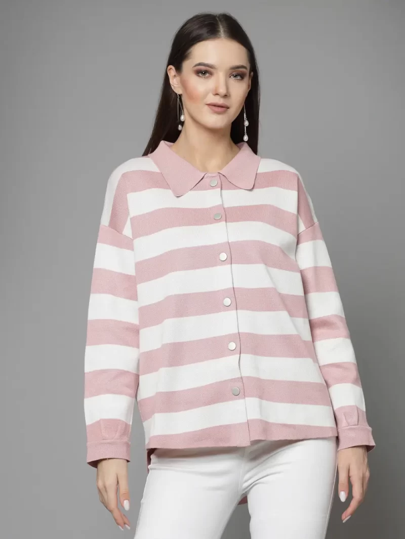 Striped Shirt Collar Cardigan Sweater