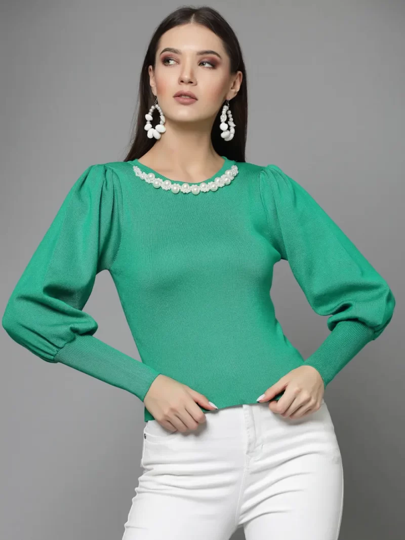 Embellished Detail Bishop Sleeves Pullover Sweater