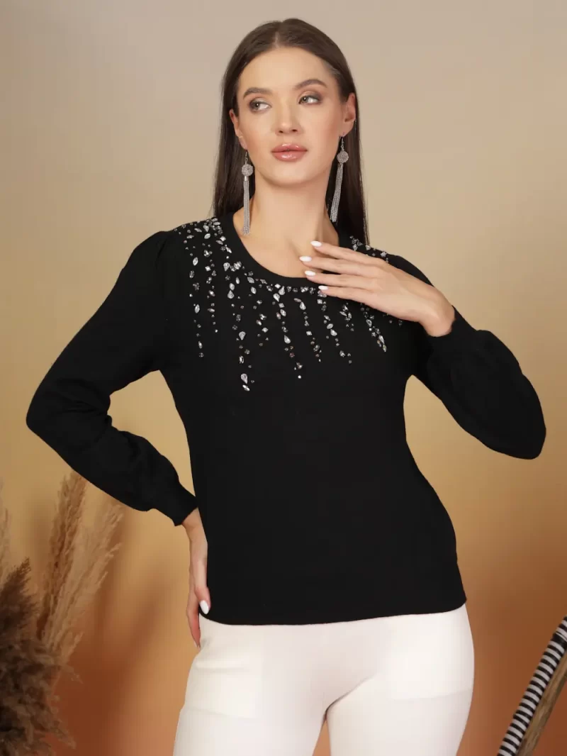Embellished Studded Puff Sleeves Top
